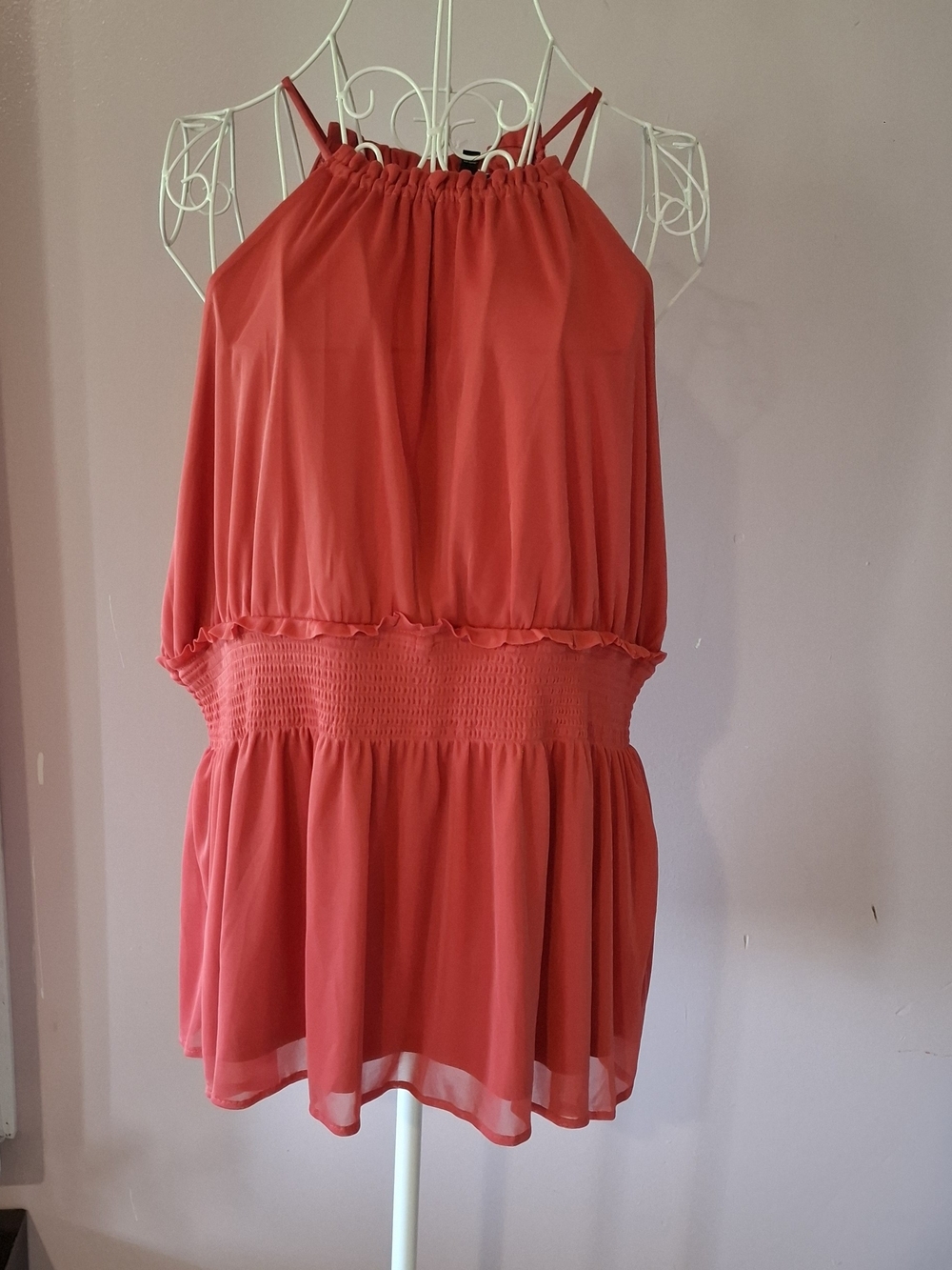 Express Coral Halter Smocked Waist Tank